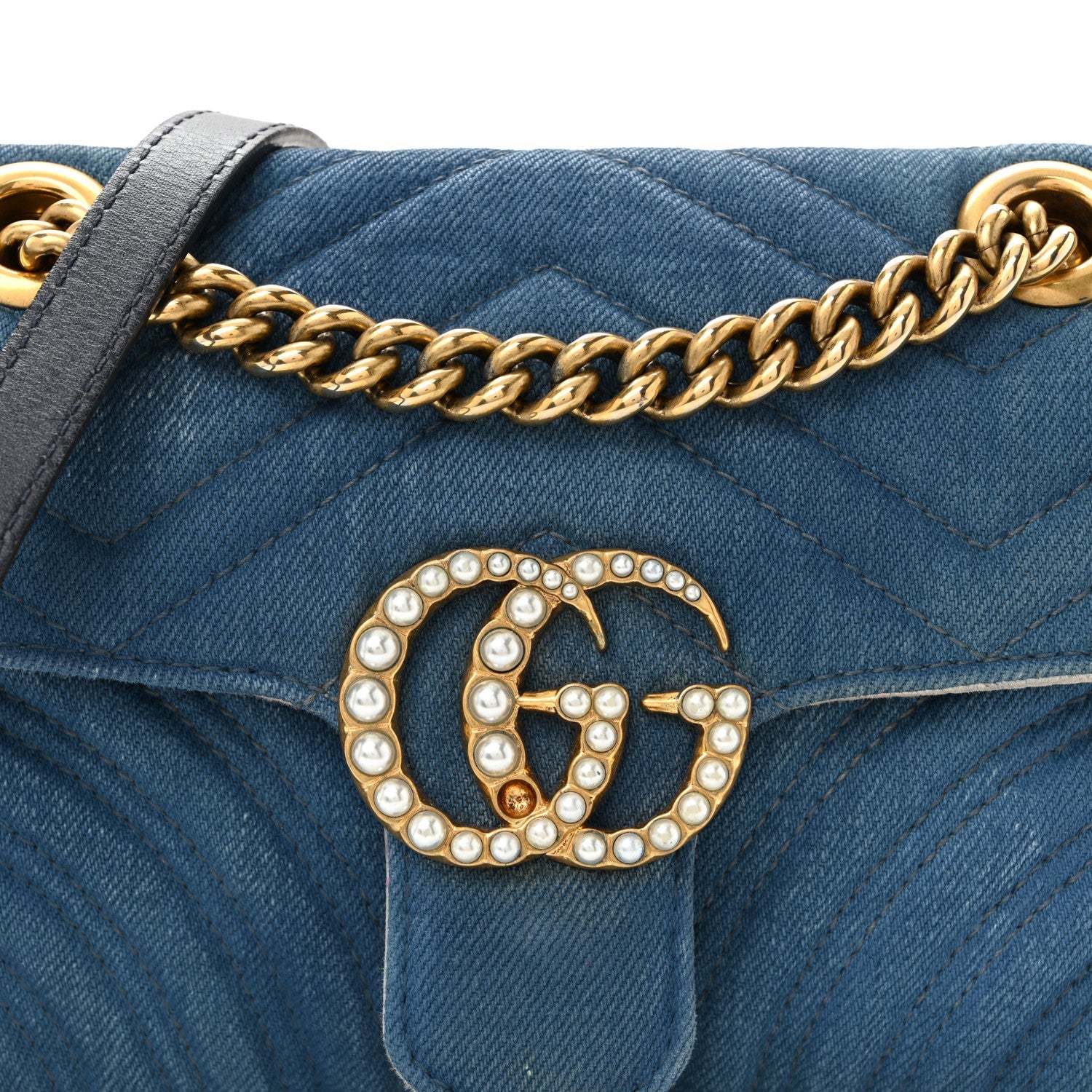 Gucci Denim Matelasse Mini Pearly GG Marmont Shoulder Bag Blue