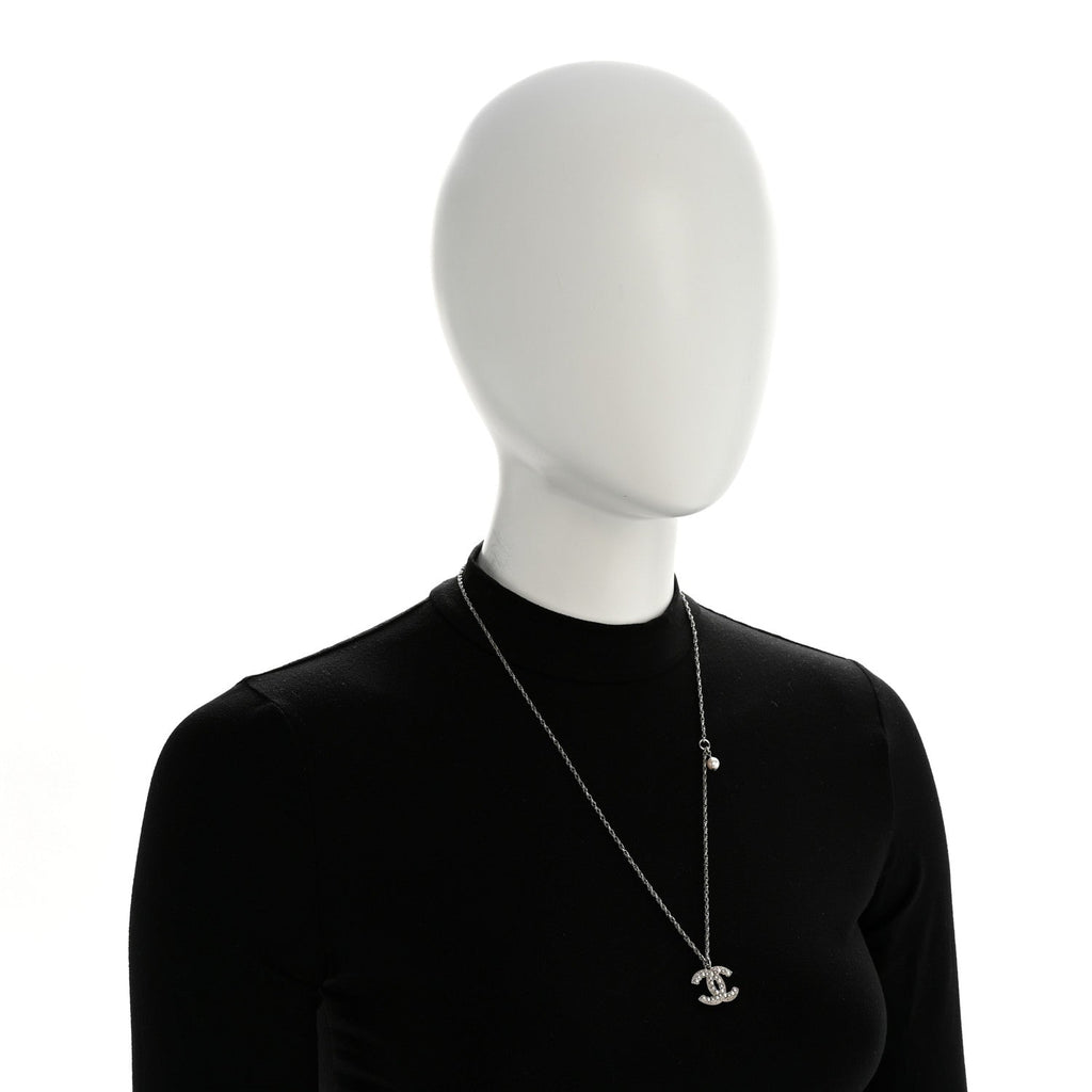 Crystal Pearl CC Pendant Necklace Silver