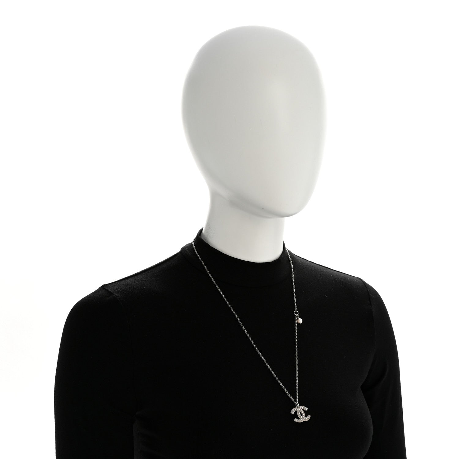 Crystal Pearl CC Pendant Necklace Silver