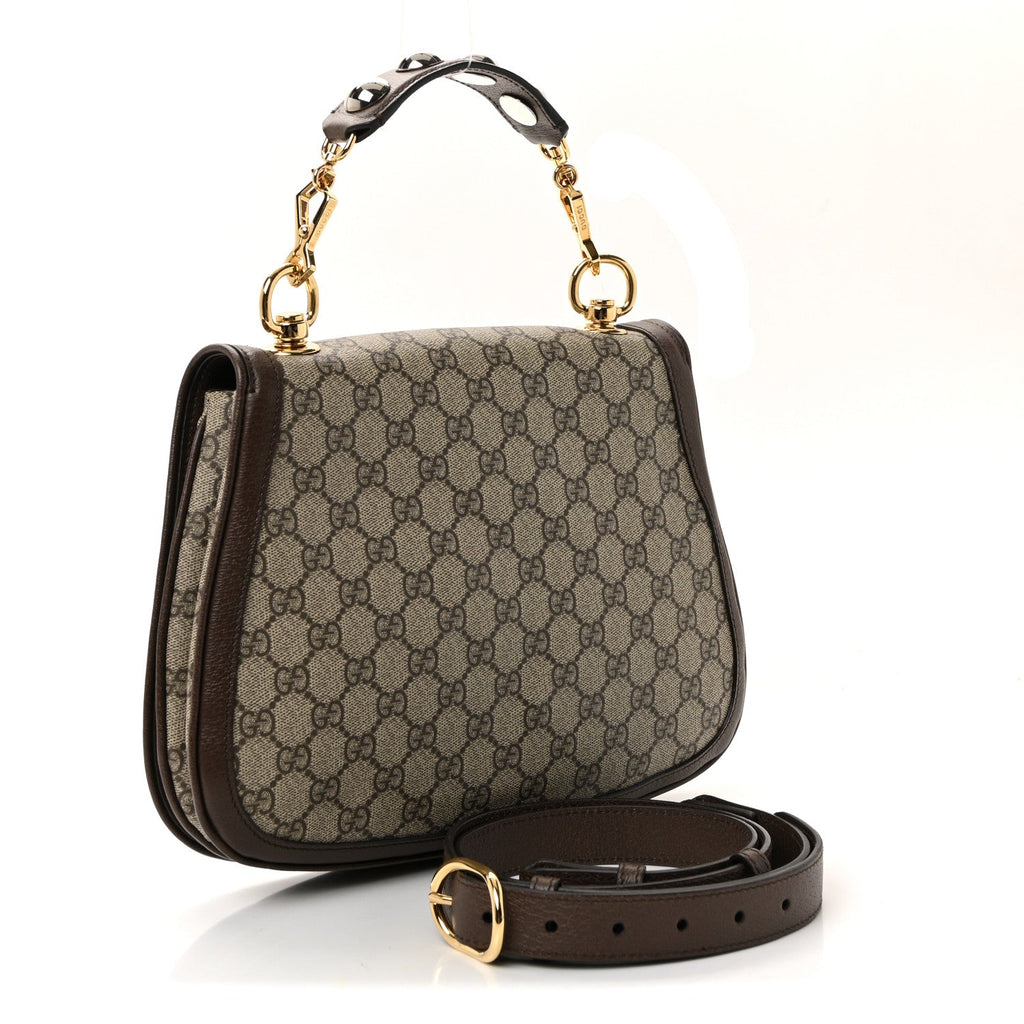 Gucci GG Supreme Monogram Textured Dollar Calfskin Web Medium Blondie Top Handle Shoulder Flap Bag Beige Ebony New Acero