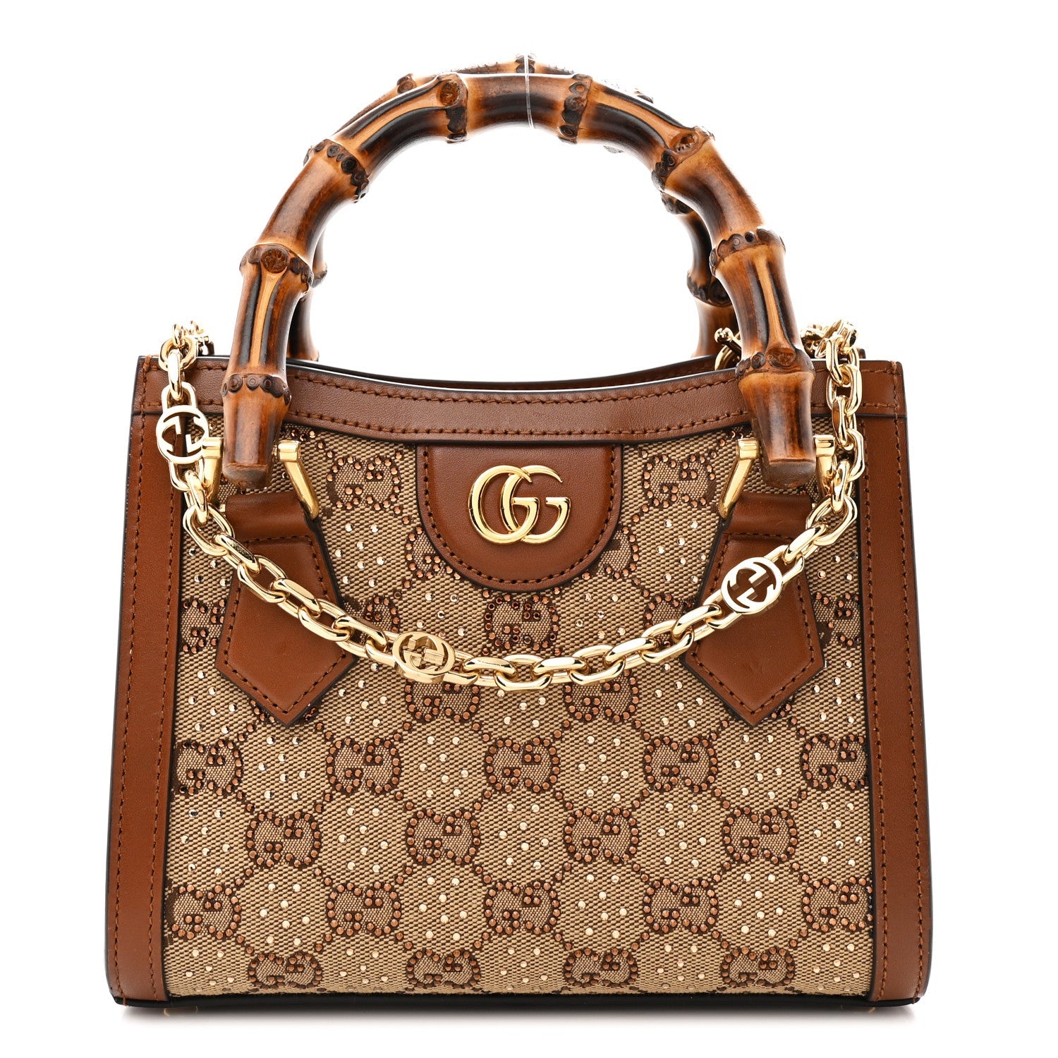 Gucci New Canvas Charisma Calfskin Crystal GG Monogram Mini Diana Tote Bag Camel Ebony