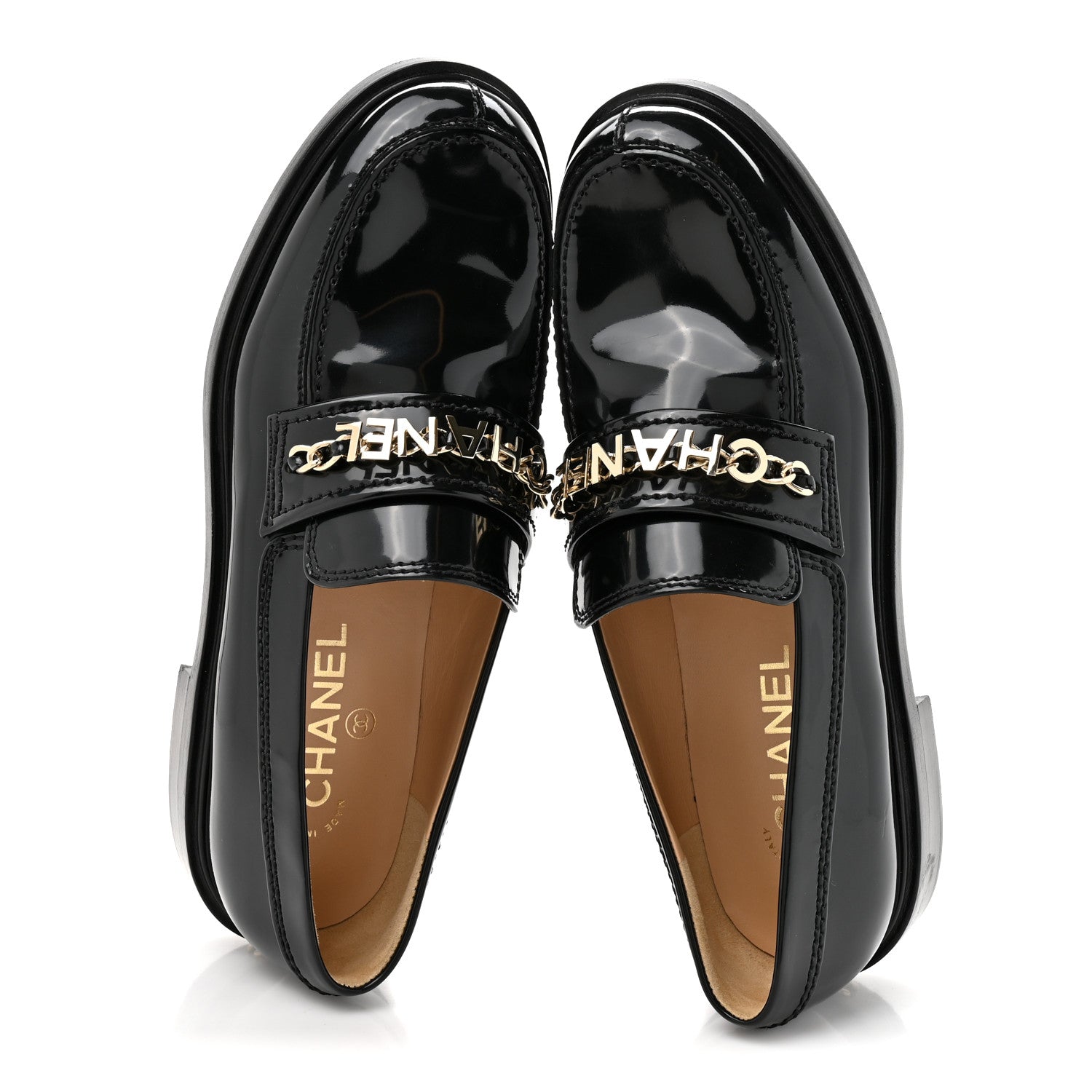Chanel Shiny Calfskin Logo Loafers 39 Black