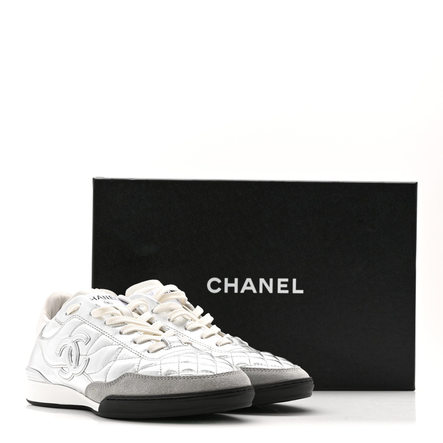 Laminated Calfskin Suede Quilted Womens CC Sneakers 38 Silver White Gray