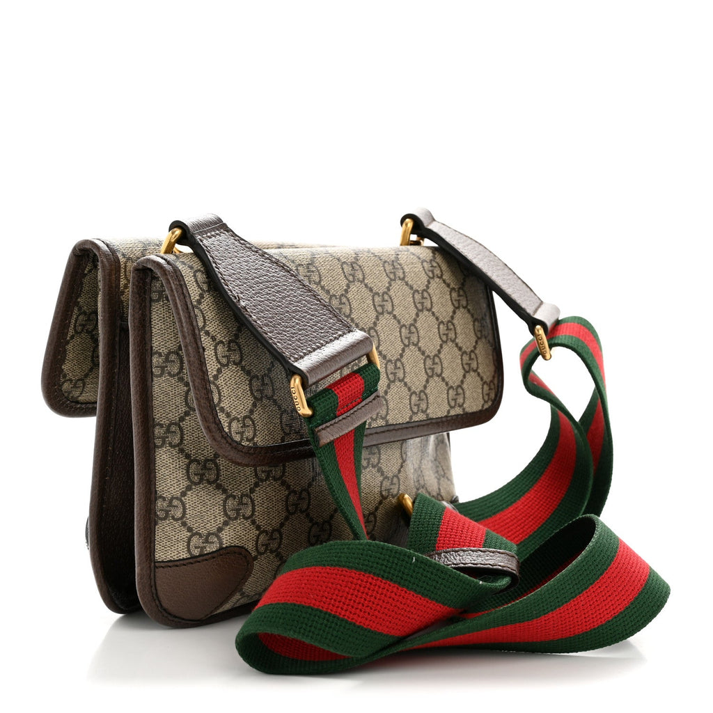 Gucci GG Supreme Monogram Web Small Neo Vintage Double Flap Messenger Bag Beige New Acero