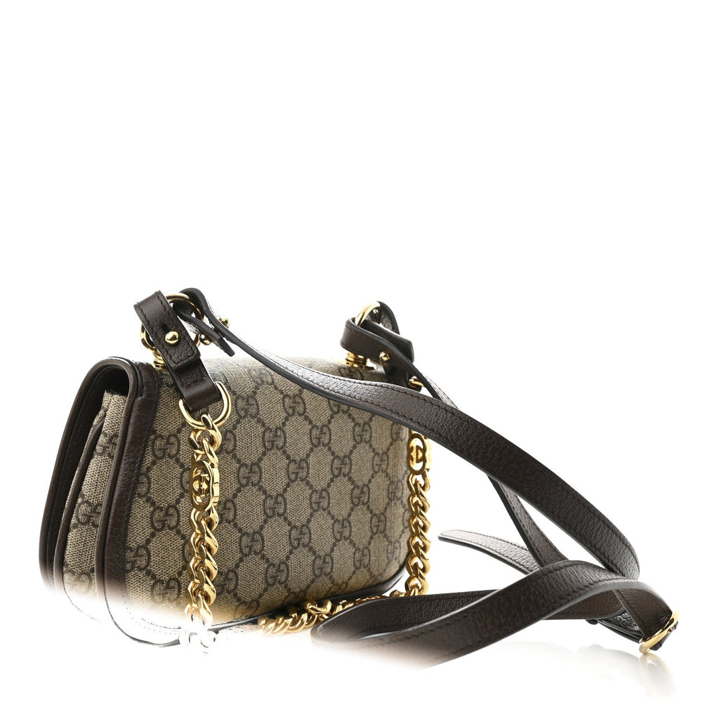 Gucci GG Supreme Monogram Textured Dollar Calfskin Mini Blondie Chain Shoulder Flap Bag Beige Ebony New Acero