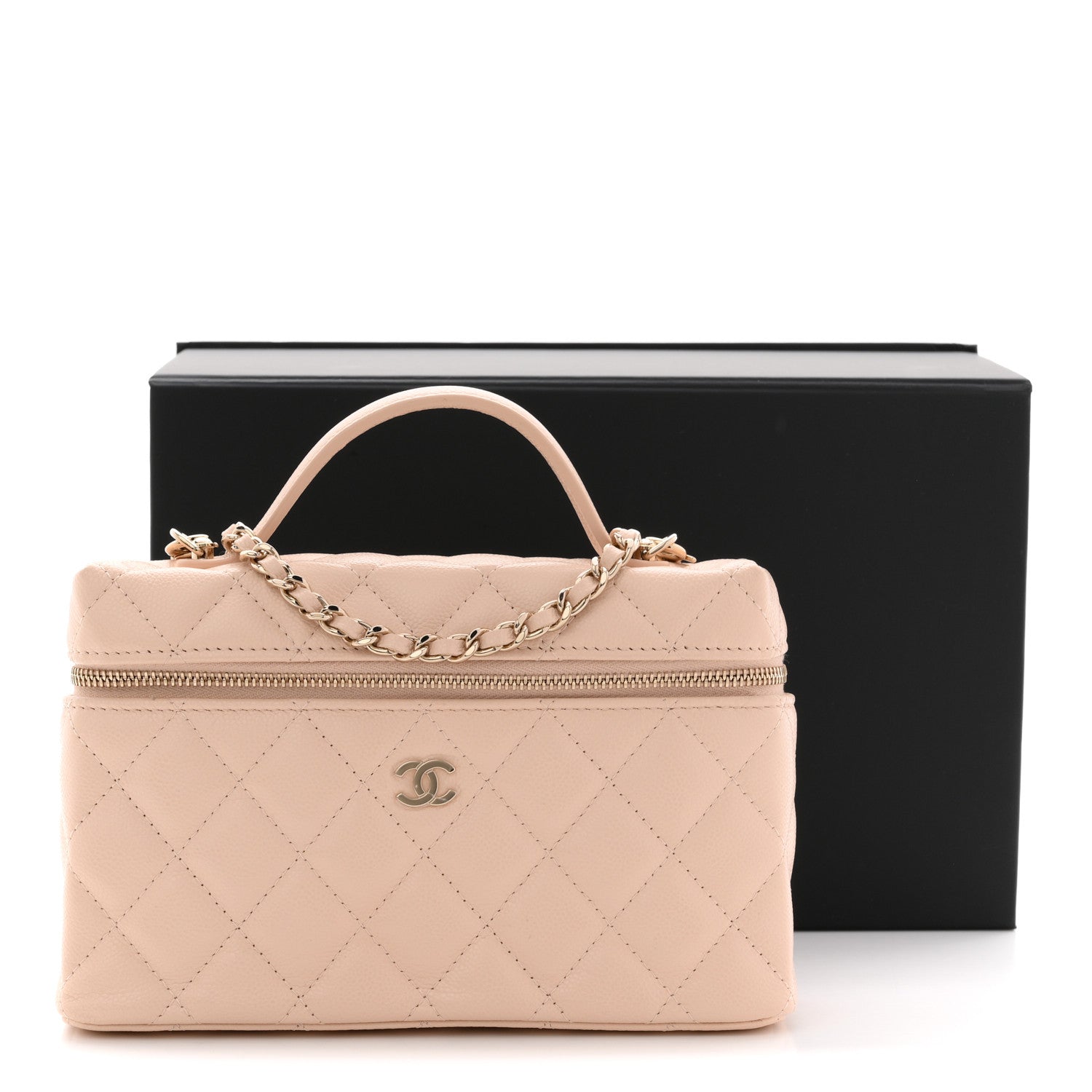 Chanel Caviar Quilted Top Handle Slim Vanity With Chain Beige