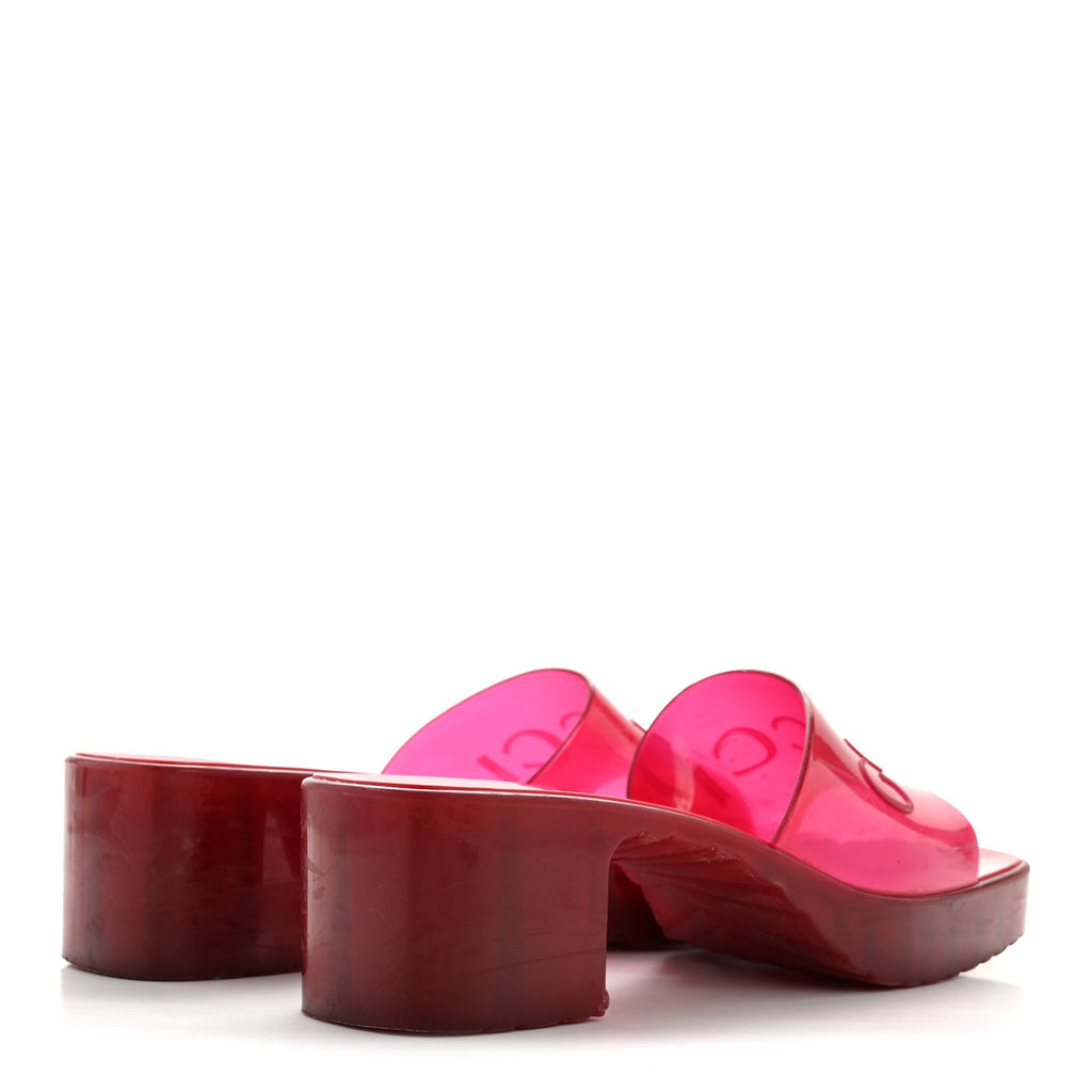 Gucci Rubber Gucci Logo Womens Platform 20/60mm Slide Sandals 38 Transparent Hibiscus Red