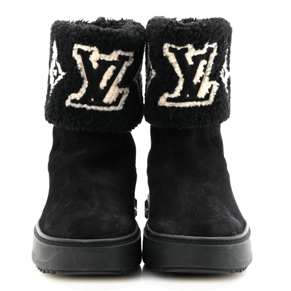 Louis Vuitton Suede Calfskin Shearling Snowdrop Flat Ankle Boot 37.5 Black