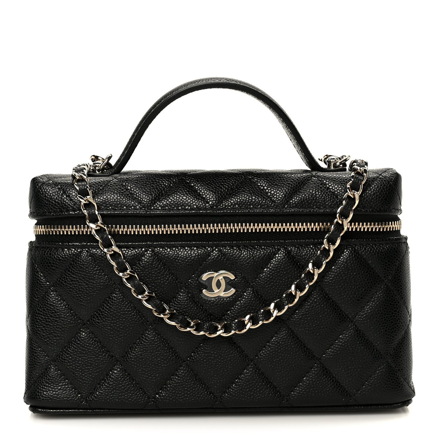 Chanel Caviar Quilted Top Handle Slim Vanity With Chain Black