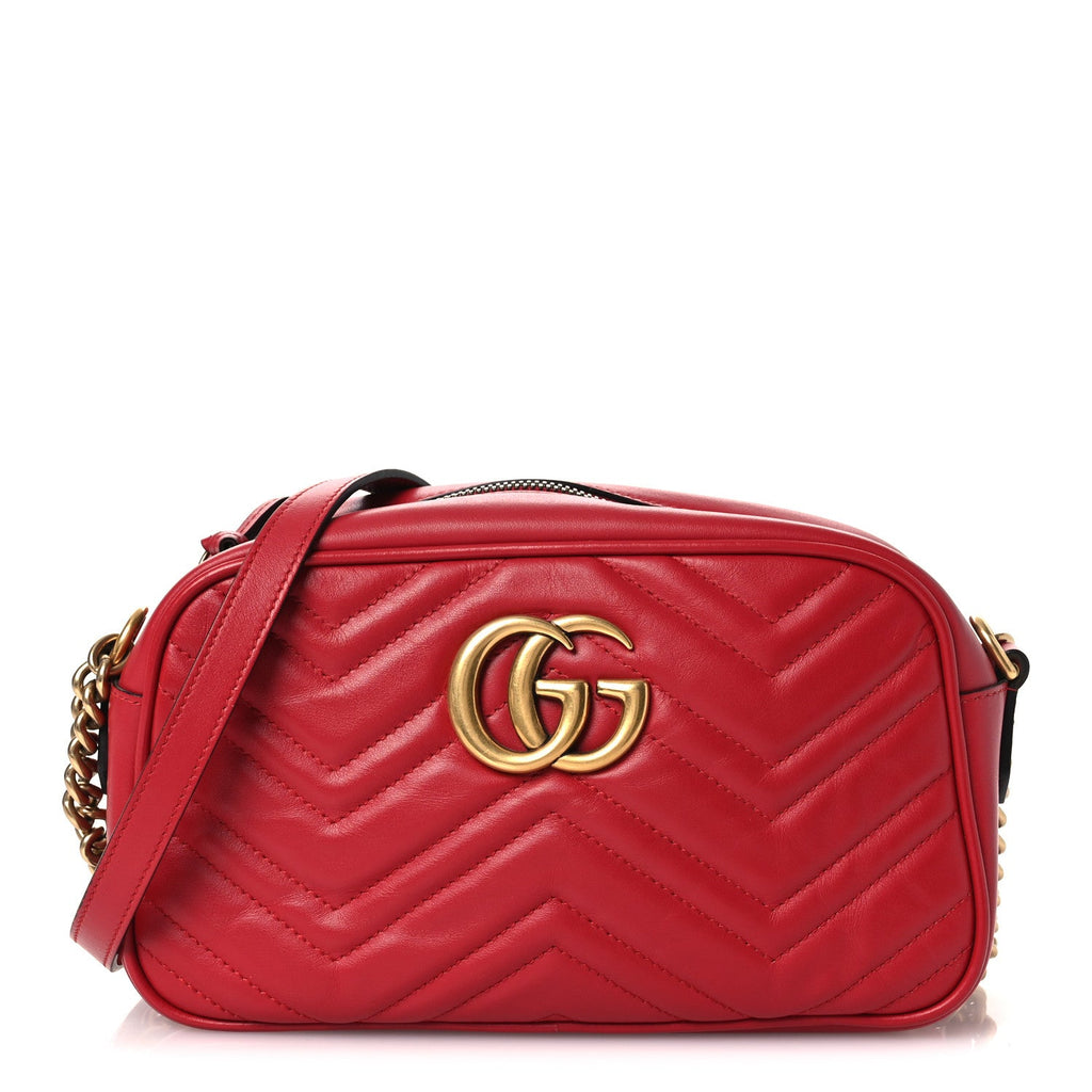 Gucci Calfskin Matelasse Small GG Marmont Chain Shoulder Bag Hibiscus Red