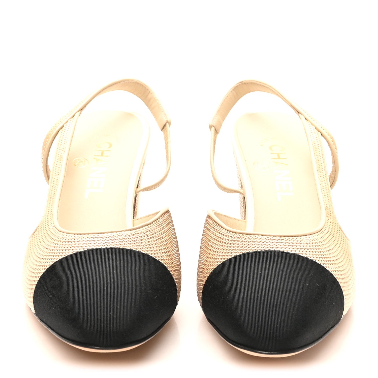 Chanel Sequin Grosgrain Cap Toe CC Slingback Pumps 40 Beige Black