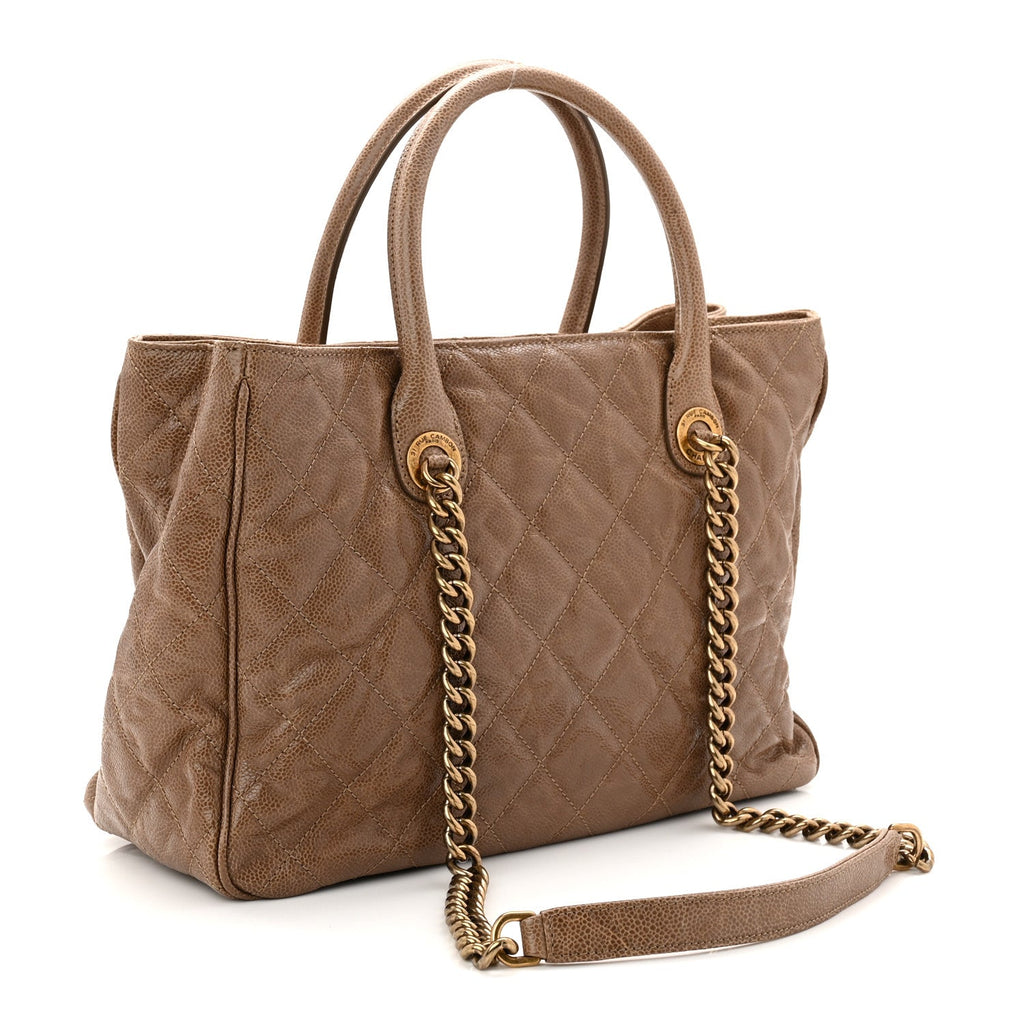 Chanel Glazed Caviar Quilted Small Shiva Tote Beige