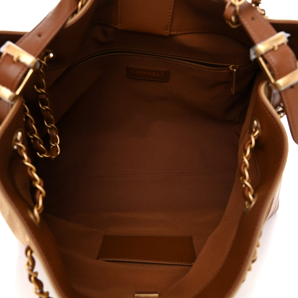 Chanel Suede Calfskin Shiny Lambskin Quilted Small Coco Base Shopping Bag Beige Camel