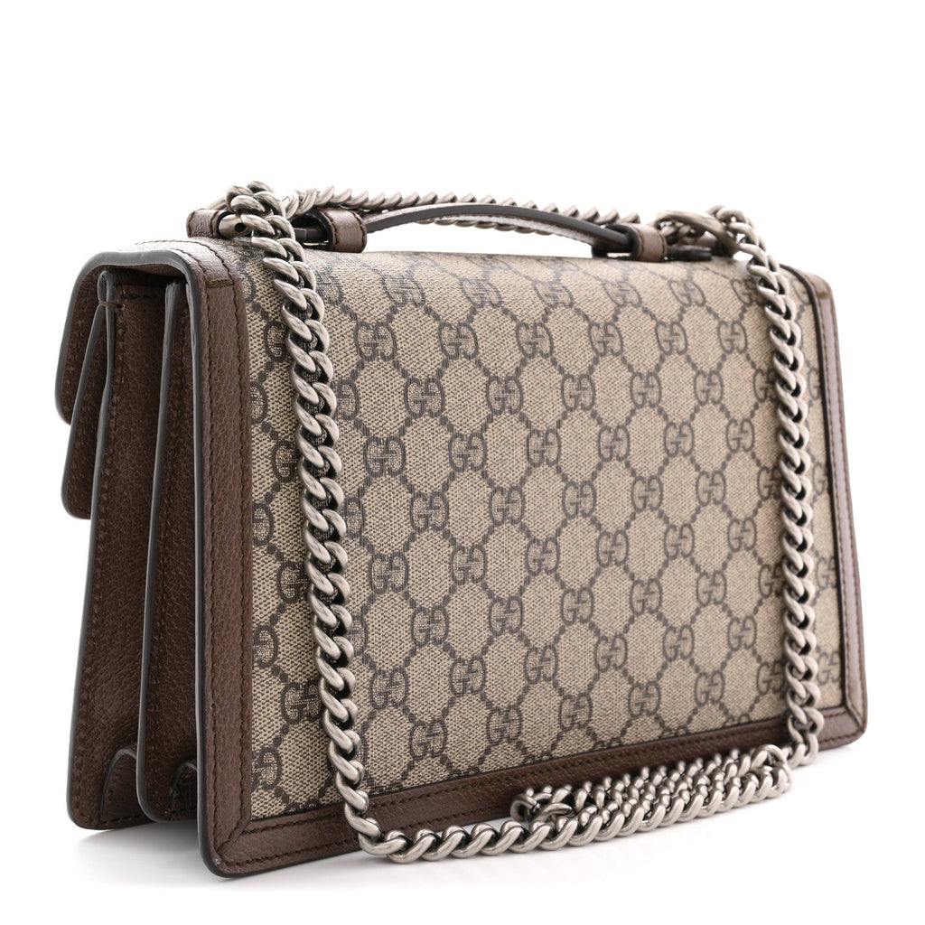 Gucci GG Supreme Monogram Textured Dollar Calfskin Top Handle Dionysus Shoulder Bag Beige Ebony New Acero