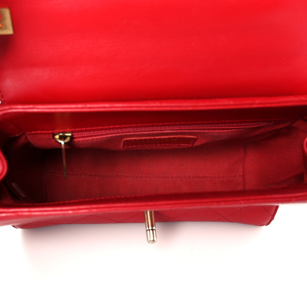 Chanel Lambskin Stitched Pearl Logo Top Handle Flap Red