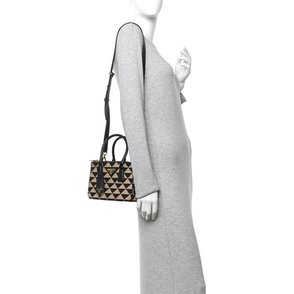Prada Jacquard Saffiano Triangolo Symbole Embroidered Mini Galleria Double Zip Tote Black Corda
