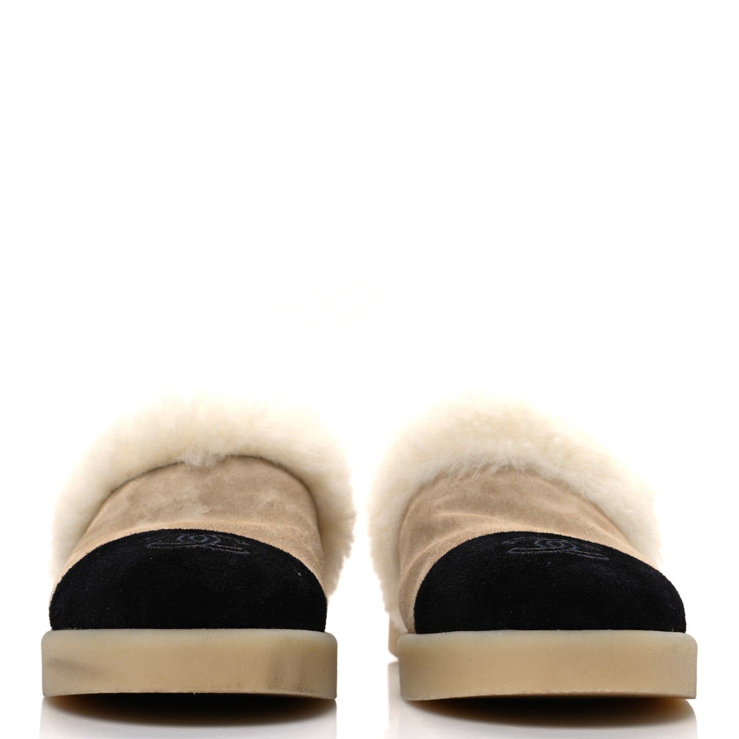 Chanel Suede Shearling CC Cap Toe Mules 41 Beige Black