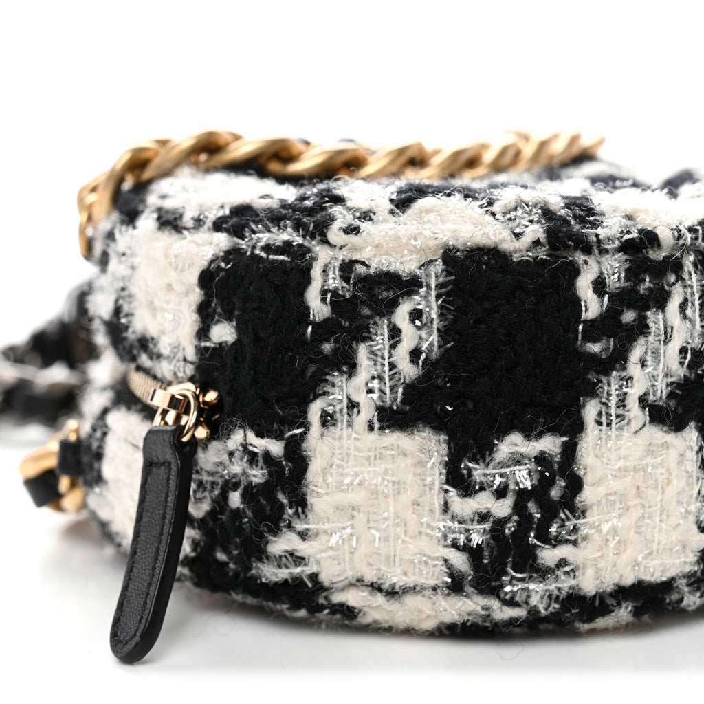 Chanel Wool Tweed Lambskin Quilted Chanel 19 Round Clutch With Chain and Coin Purse Black White