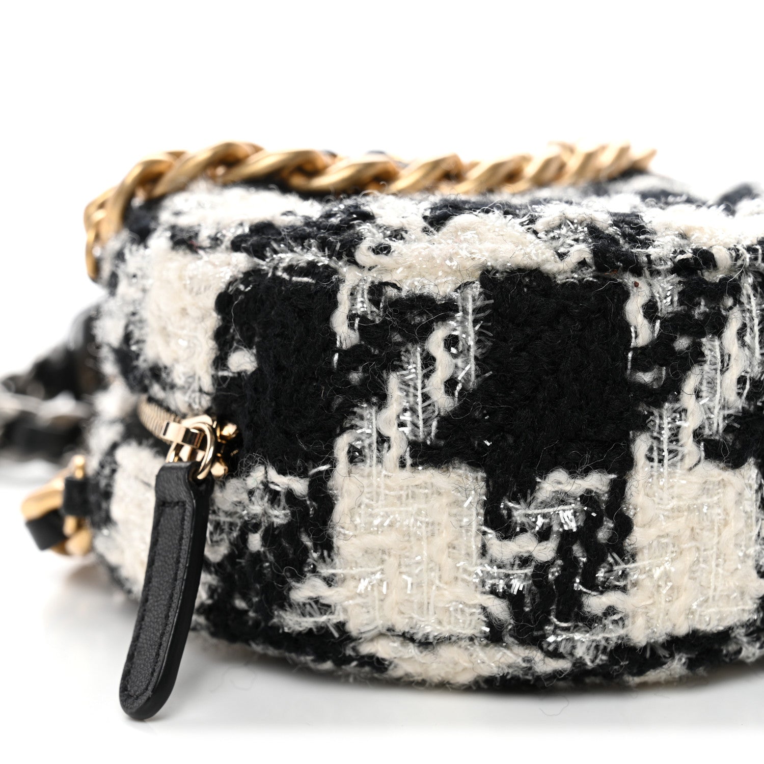Chanel Wool Tweed Lambskin Quilted Chanel 19 Round Clutch With Chain and Coin Purse Black White