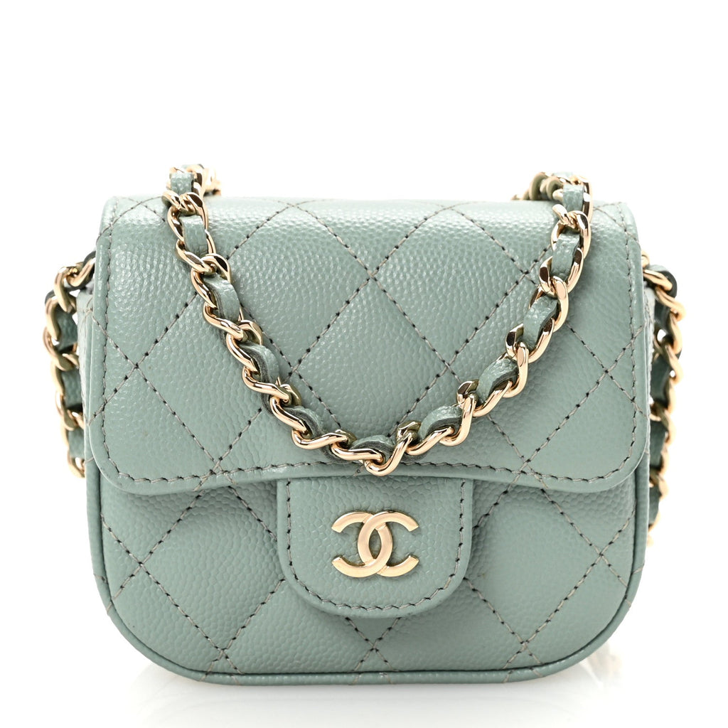 Chanel Caviar Quilted Mini Clutch With Chain Light Green