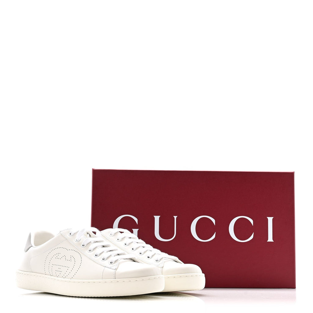 Gucci Calfskin Interlocking G Perforated Mens Ace Sneakers 8 White Grey Sky