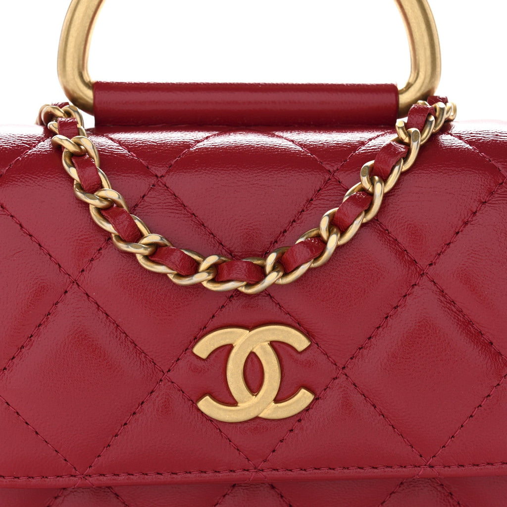 Chanel Shiny Lambskin Quilted Mini Metal Top Handle Clutch With Chain  Red