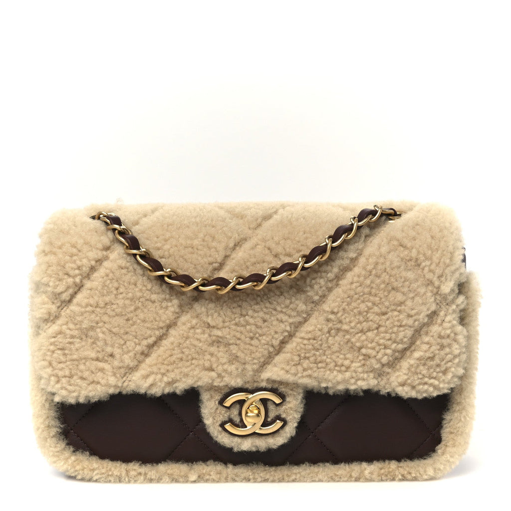 Chanel Shearling Lambskin Quilted Furry Coco Flap Dark Brown Beige
