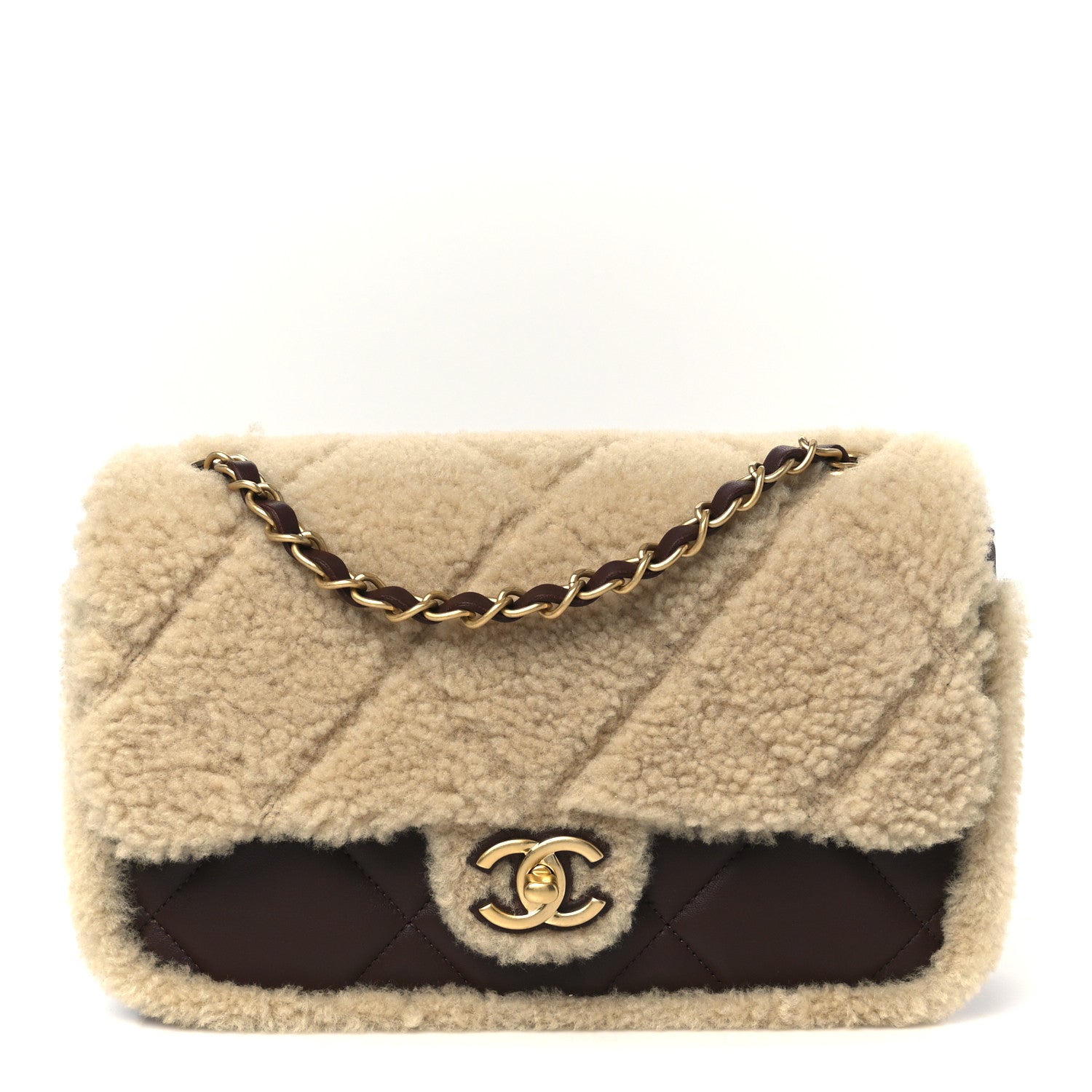 Chanel Shearling Lambskin Quilted Furry Coco Flap Dark Brown Beige