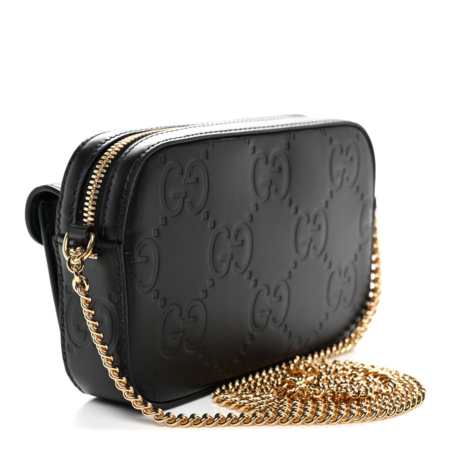 Gucci Calfskin GG Super Mini Debossed Chain Wallet Black