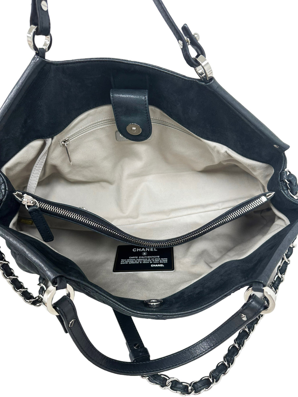 Chanel Matelasse Quilted Black Shimmer Leather Chain Shoulder Tote Bag