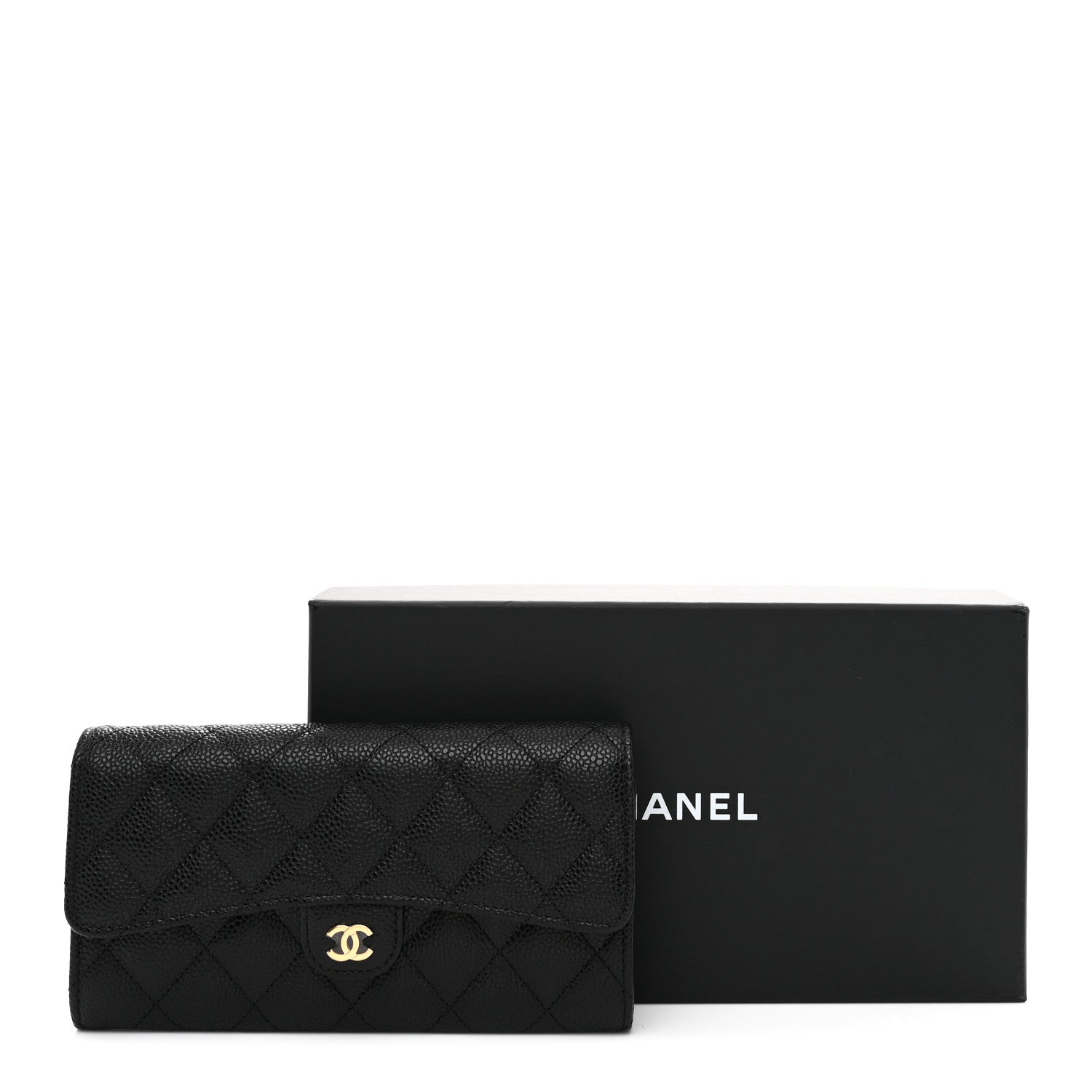 Caviar Quilted Large Gusset Flap Wallet Black