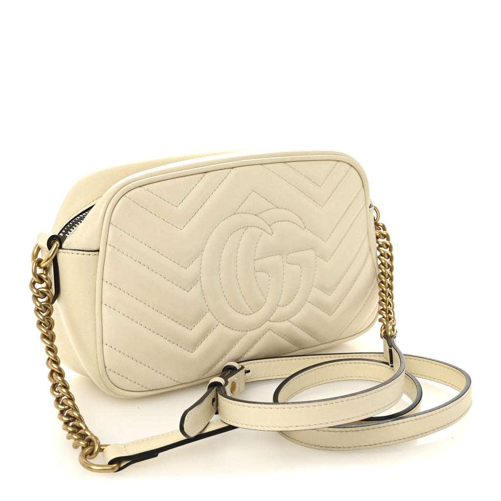Gucci Calfskin Matelasse Small GG Marmont Chain Shoulder Bag White