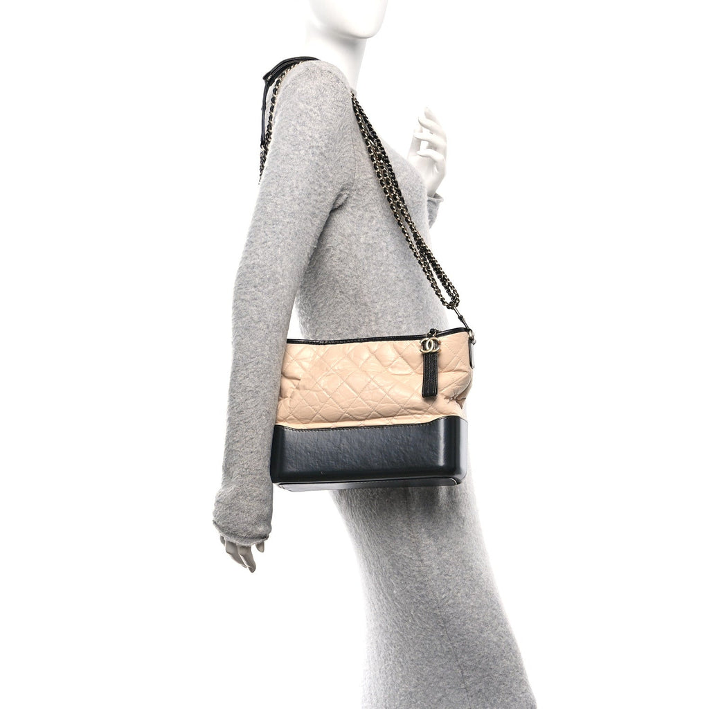 Chanel Aged Calfskin Quilted Medium Gabrielle Hobo Beige Black
