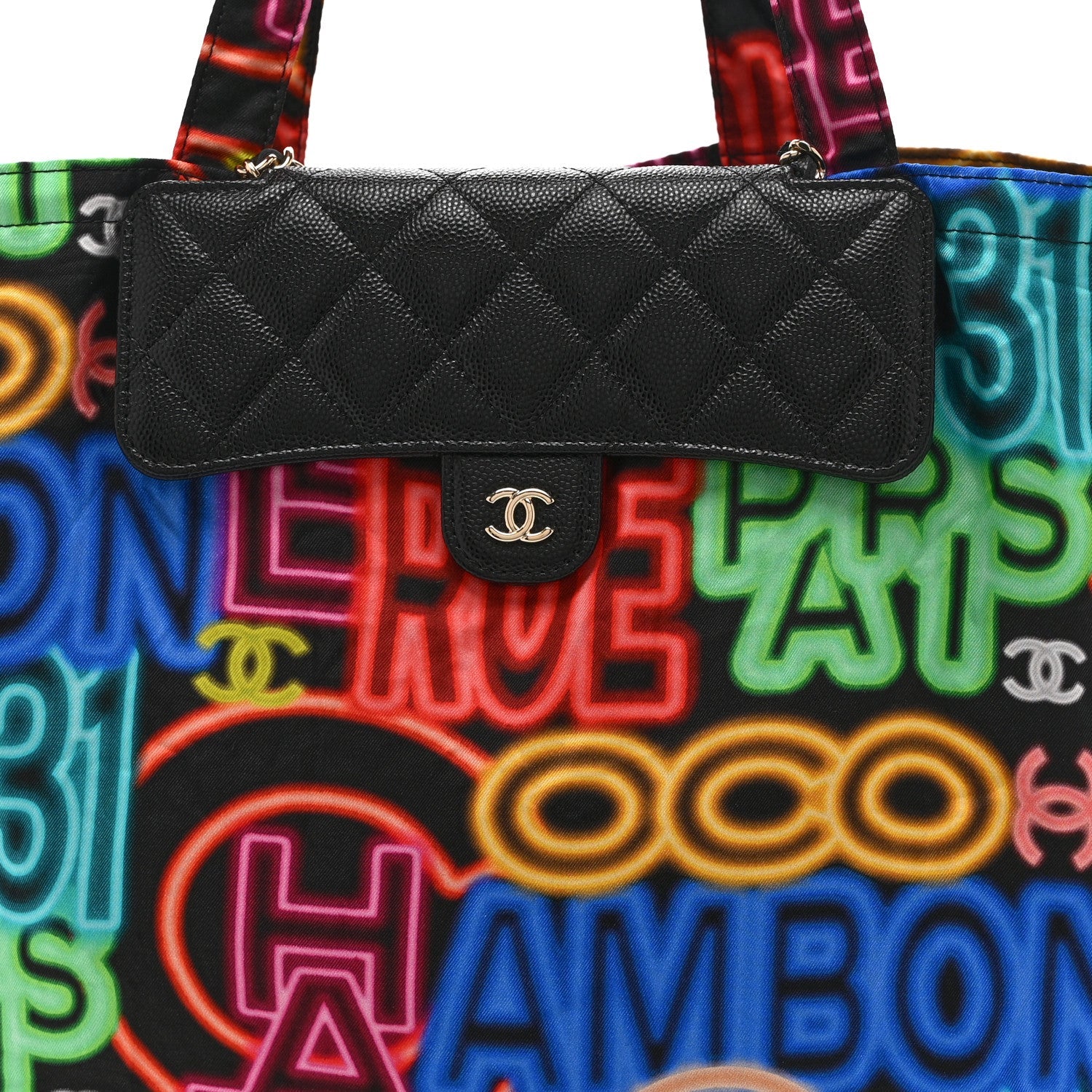 Chanel Caviar Fabric Graffiti Foldable Tote Bag With Chain Black Multicolor