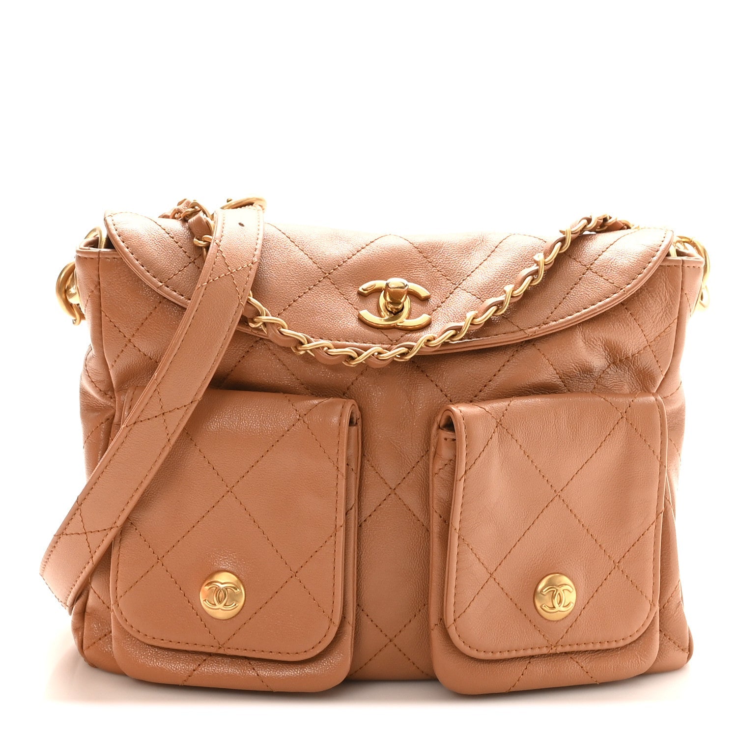 Chanel Shiny Calfskin Quilted Small Supple Twins Hobo Bag Brown