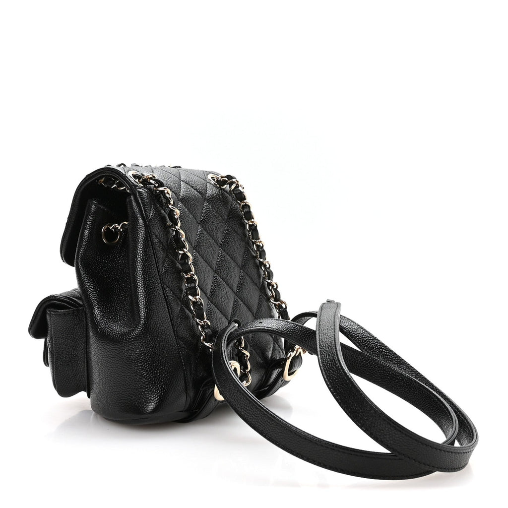 Chanel Shiny Caviar Quilted Small Duma Pockets Drawstring Backpack Black