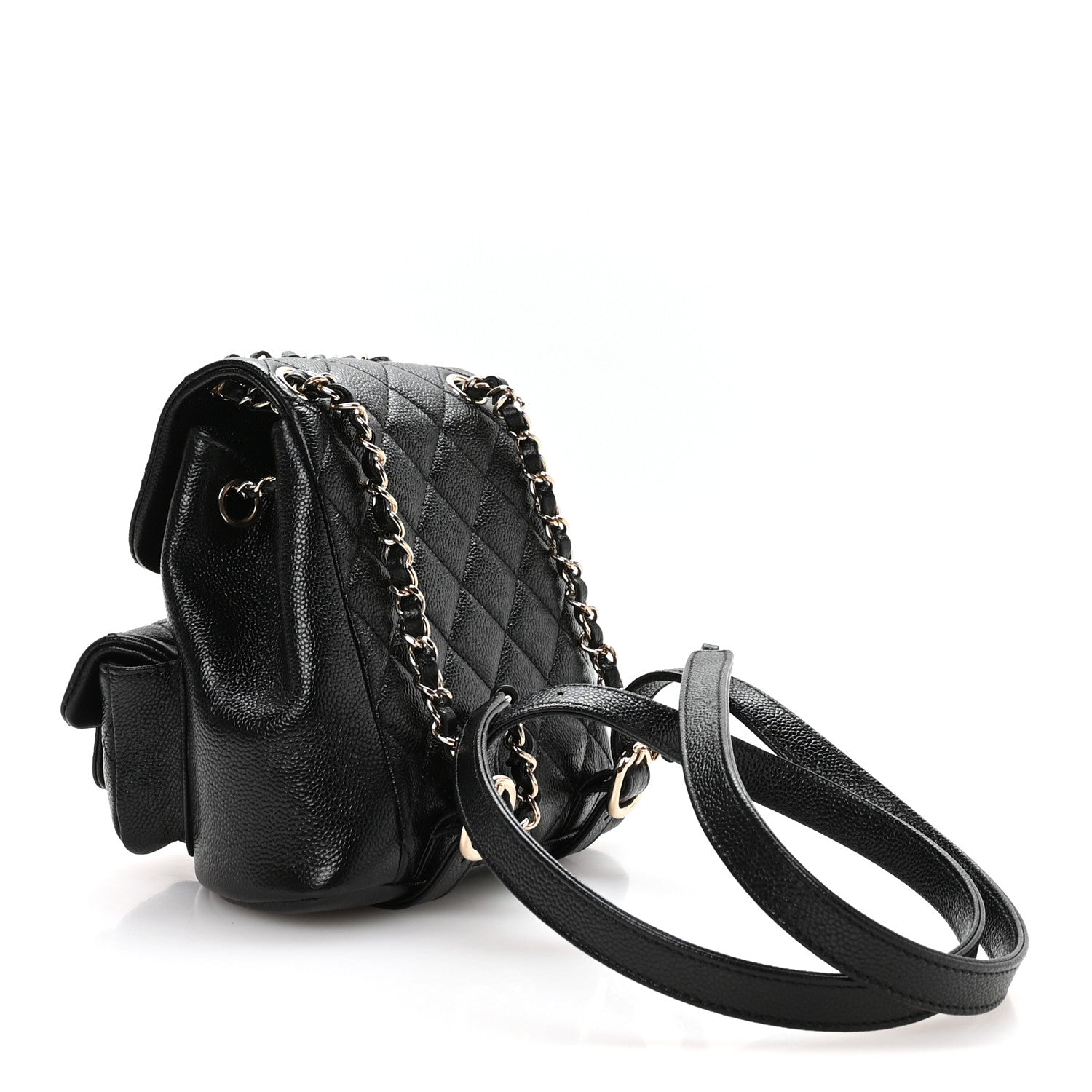 Chanel Shiny Caviar Quilted Small Duma Pockets Drawstring Backpack Black