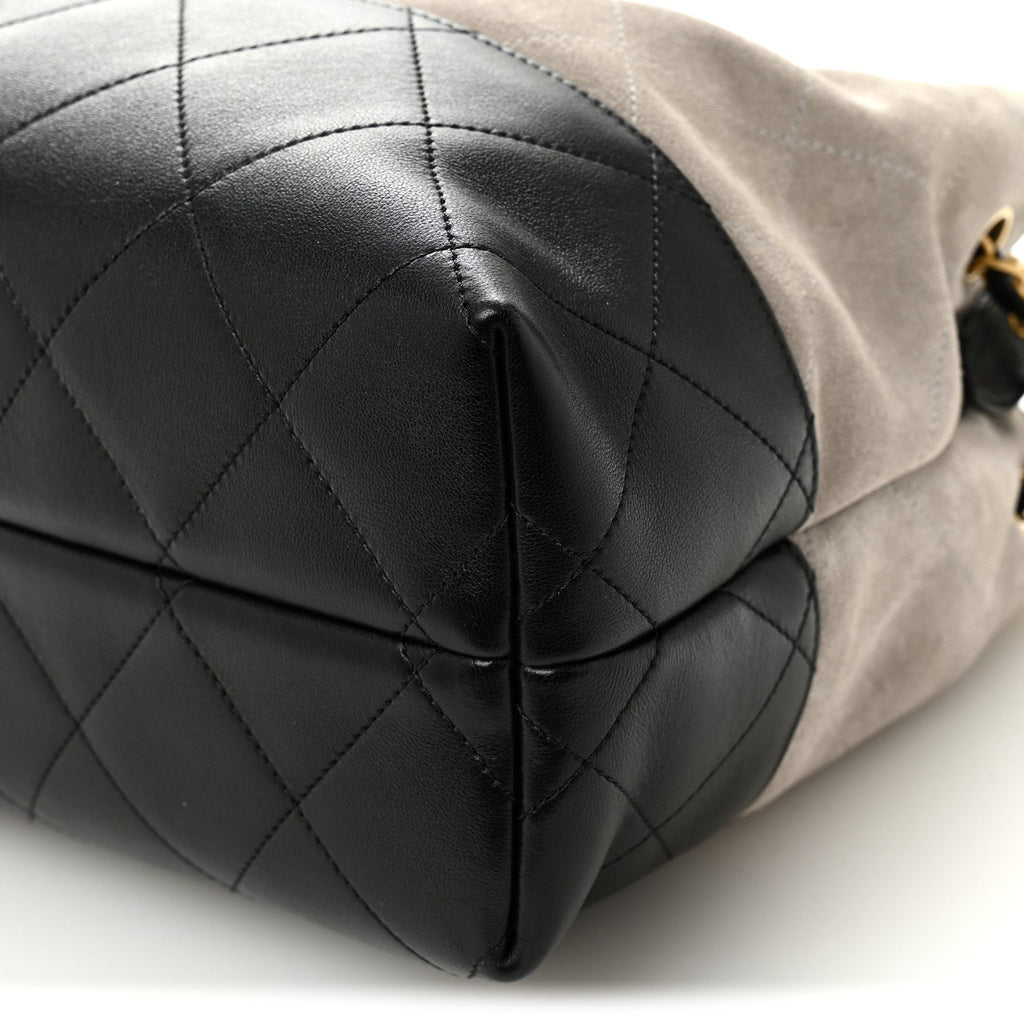 Chanel Suede Calfskin Shiny Lambskin Quilted Small Coco Base Shopping Bag Grey Black