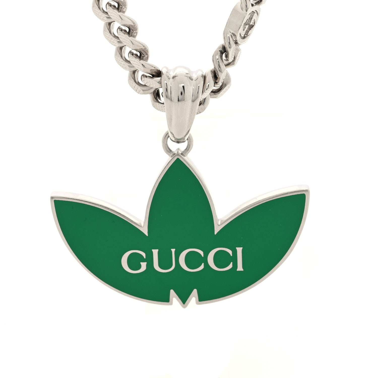 Gucci X ADIDAS Enamel Trefoil Gourmette Pendant Necklace Silver Green