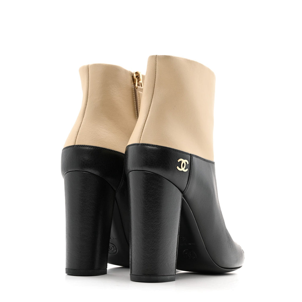Chanel Tumbled Calfskin CC Short Boots 36 Beige Black