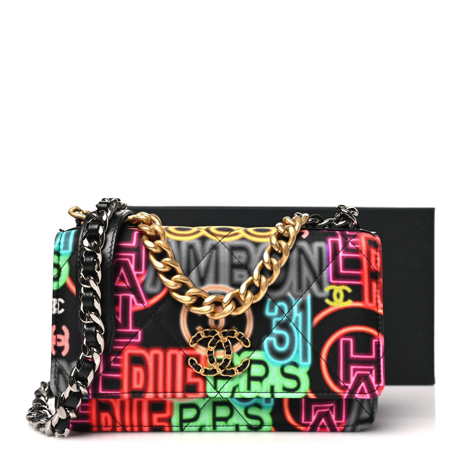 Chanel Fabric Printed Chanel 19 Wallet On Chain WOC Black Multicolor