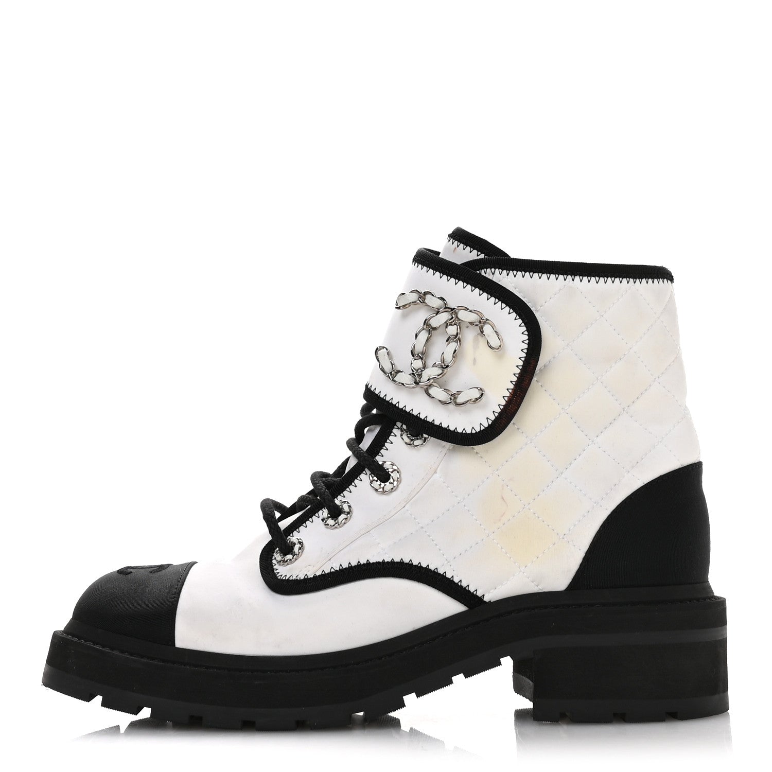Fabric Grosgrain Quilted Cap Toe Lace Up Combat Boots 38.5 White Black