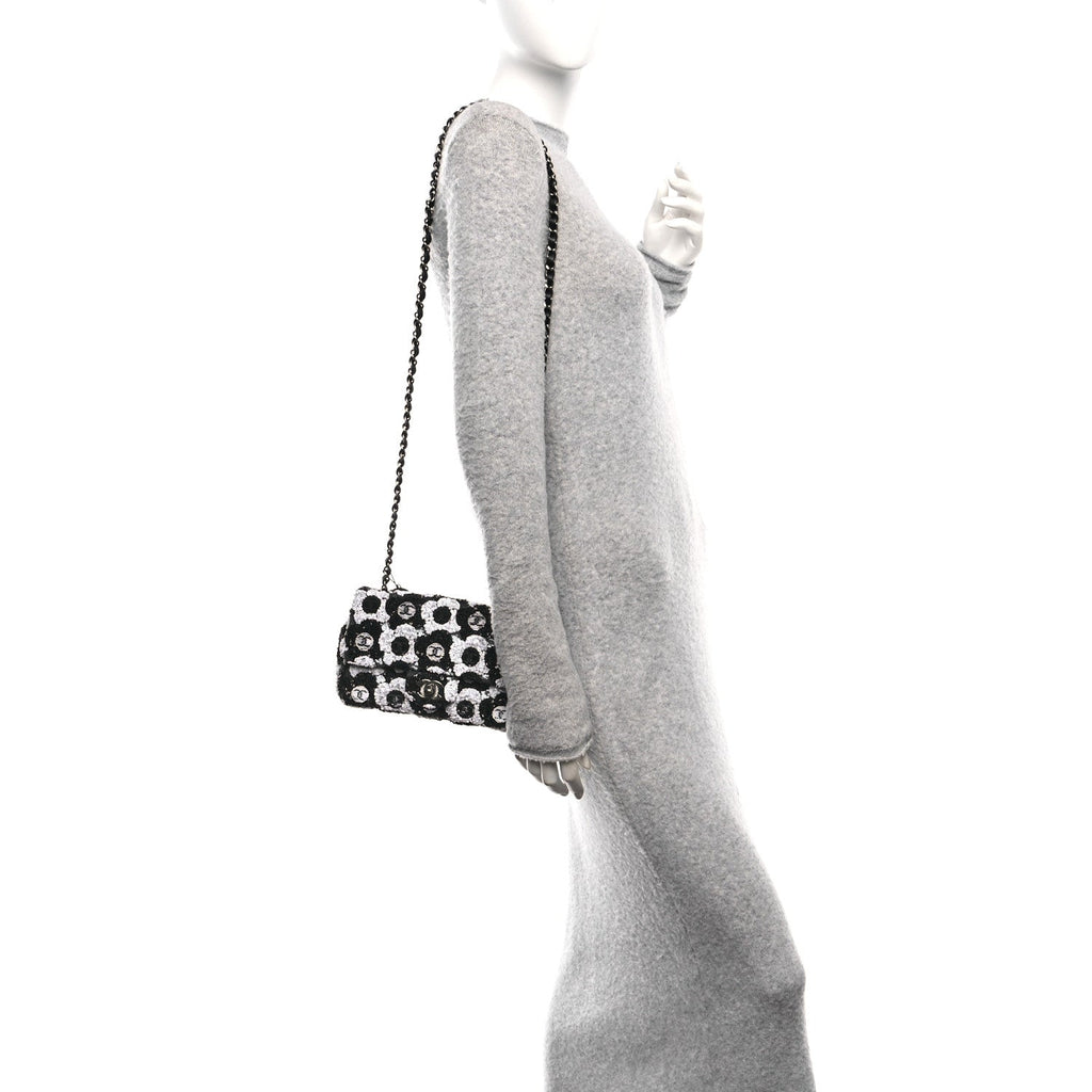 Chanel Satin Sequin Embellished Flower Mini Rectangular Flap Black White Blue