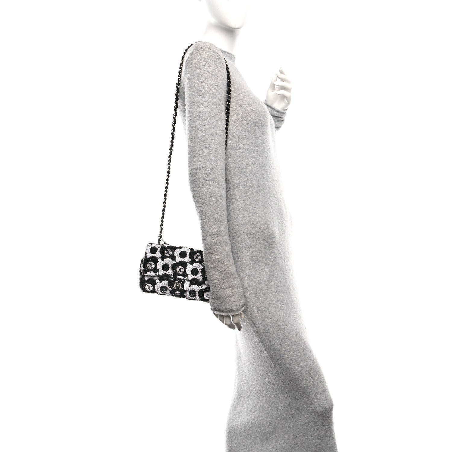Chanel Satin Sequin Embellished Flower Mini Rectangular Flap Black White Blue