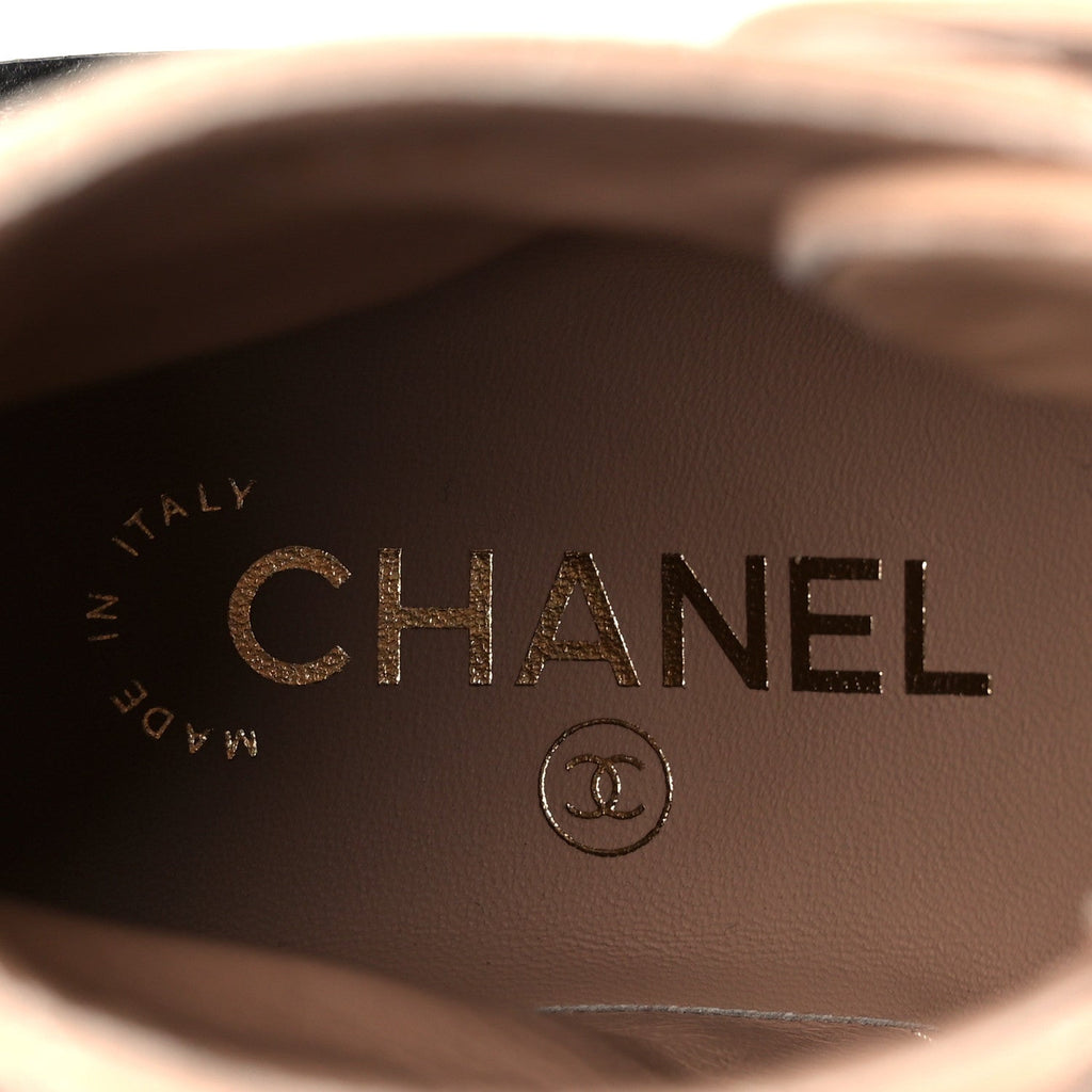 Chanel Shiny Lambskin Quilted Lace Up Combat Boots 36 Beige Black