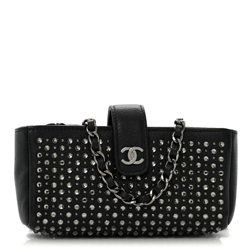 Chanel Calfskin Strass Studded Mini Phone Holder Clutch Black