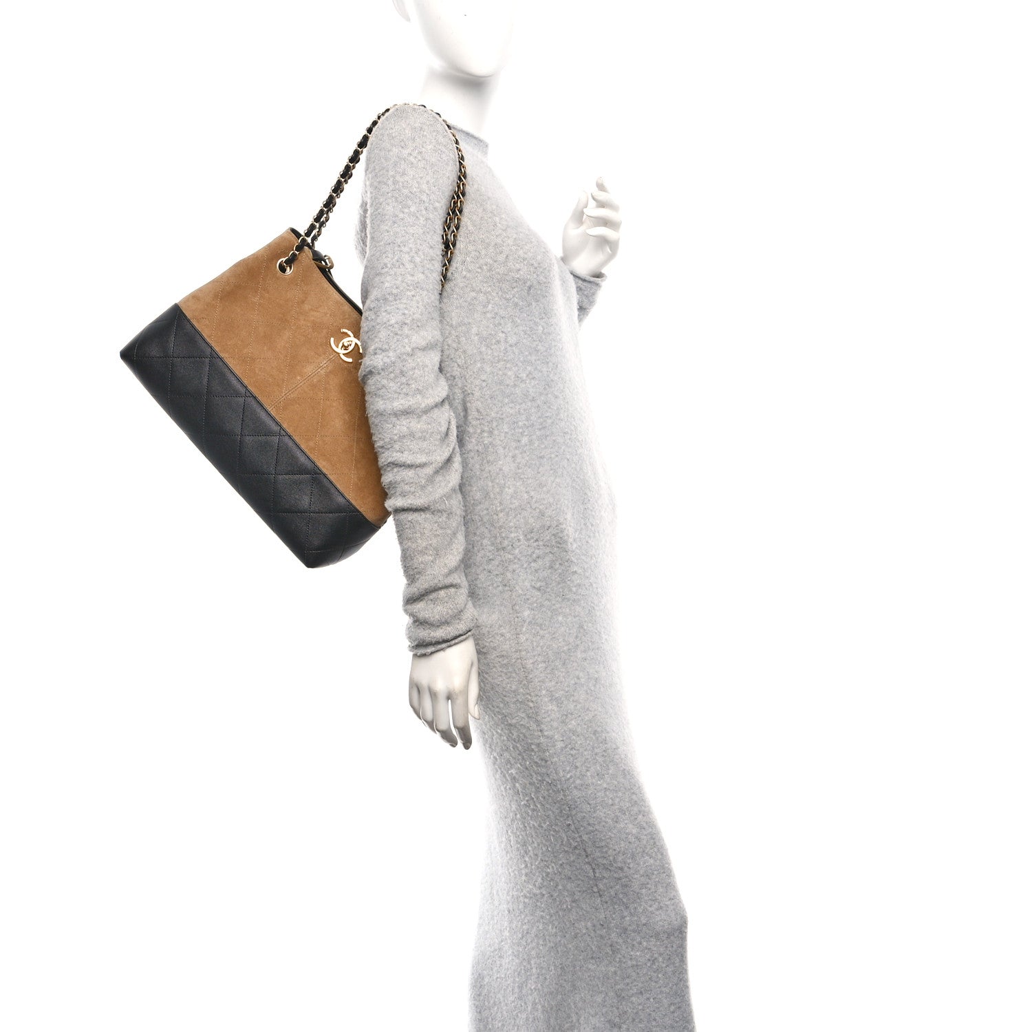 Chanel Suede Calfskin Shiny Lambskin Quilted Small Coco Base Shopping Bag Beige Black