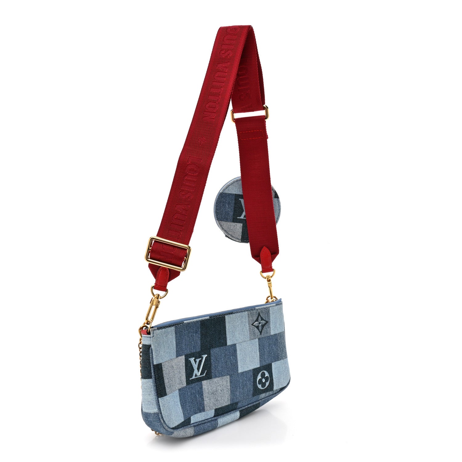 Louis Vuitton Denim Damier Monogram Patchwork Multi Pochette Accessories Blue Rouge