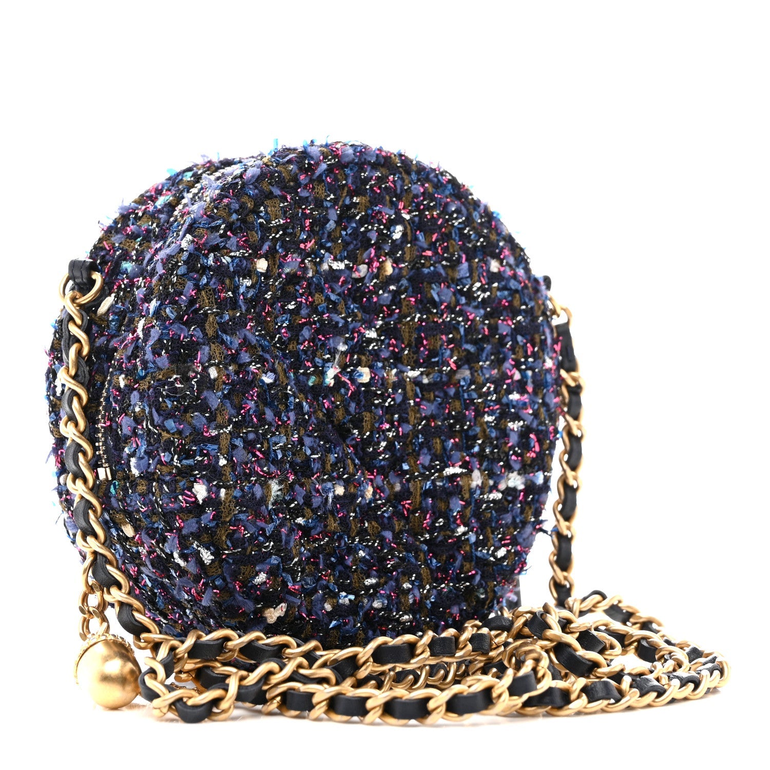Chanel Tweed Quilted Round Clutch With Chain Multicolor