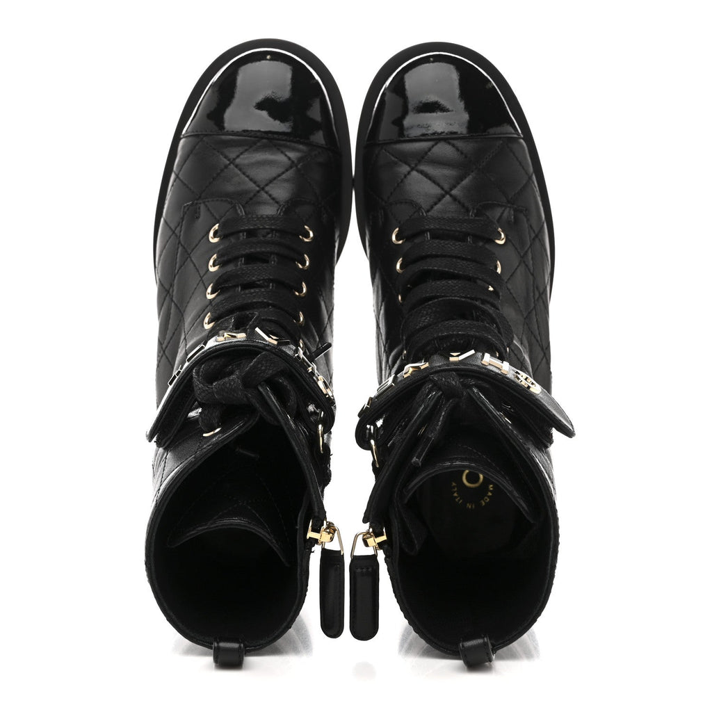 Lambskin Patent Calfskin Quilted Logo Lace Up Combat Boots 37 Black